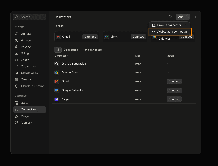 Claude Connectors settings with the Add custom connector option highlighted in the Add menu