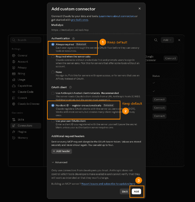Claude custom connector authentication settings with the default Always required and automatic OAuth client options kept