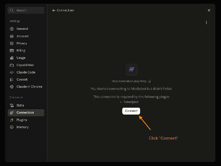 Claude Connectors screen prompting the user to click Connect to finish connecting the Medialyst MCP server