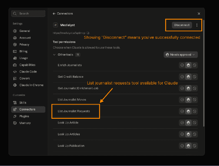 Connected Medialyst MCP connector in Claude showing the Disconnect button and the List Journalist Requests tool permission